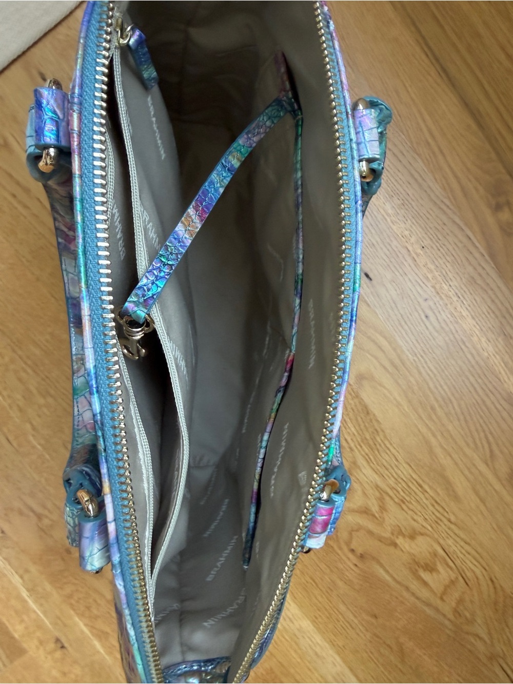 Brahmin Iridescent Multicolor Croc-Embossed Satchel in Teal, Purple, Pink - Picture 3 of 3
